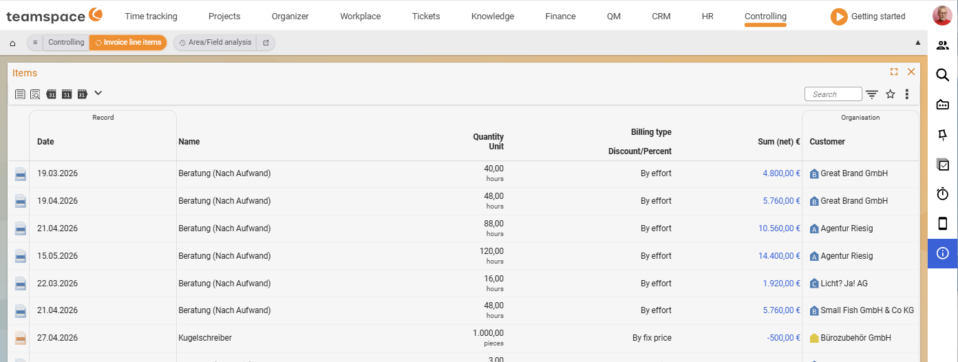 Top toolbar of the Invoice line items report with the display and quick-filter icons on the left and search field, filter, bookmark and three-dots menu on the right