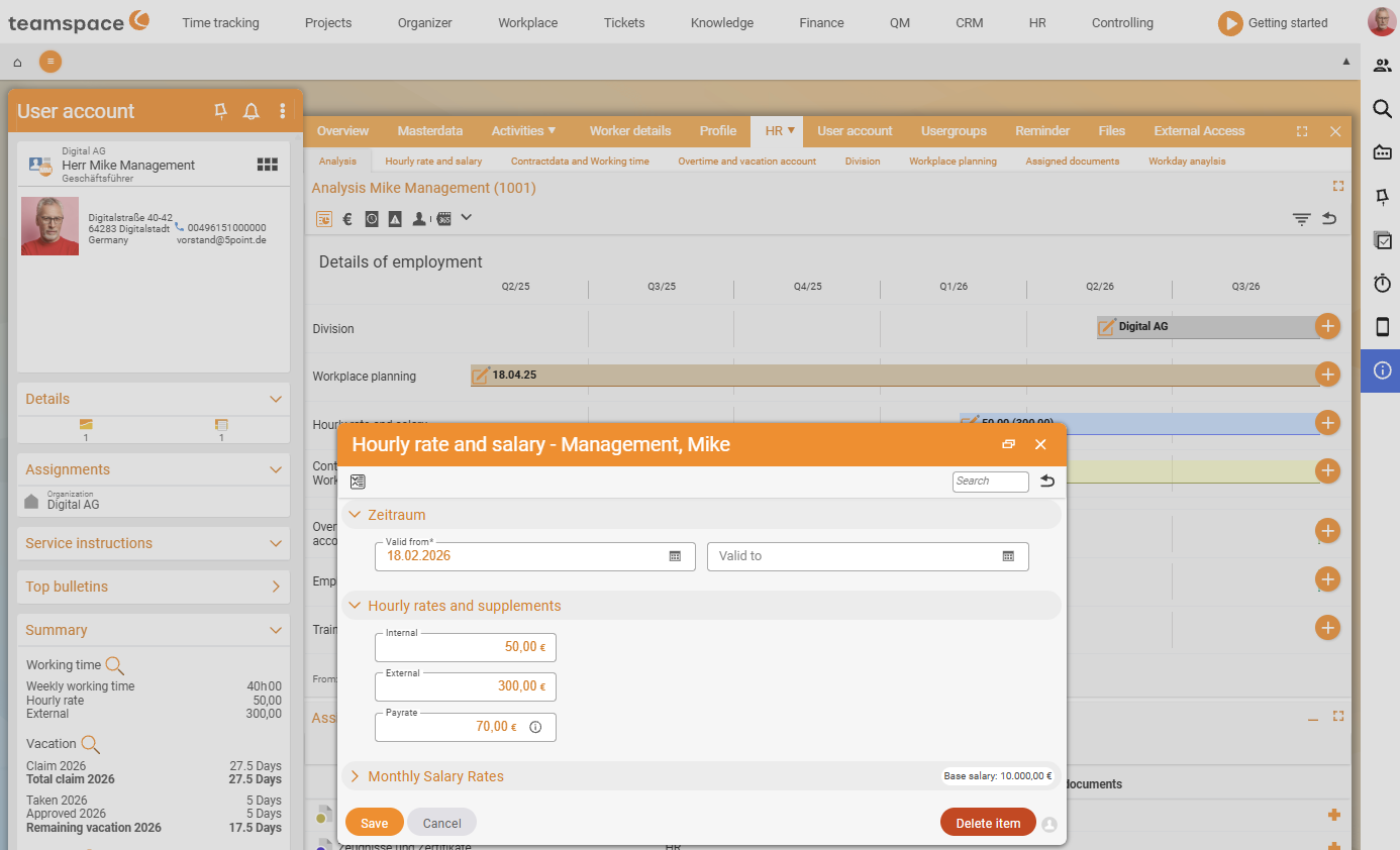 An employee's HR portal (Volker Vorstand) with the open Hourly rate and salaries dialog: Period section (valid from/to), hourly rates and supplements as well as monthly salary composition.