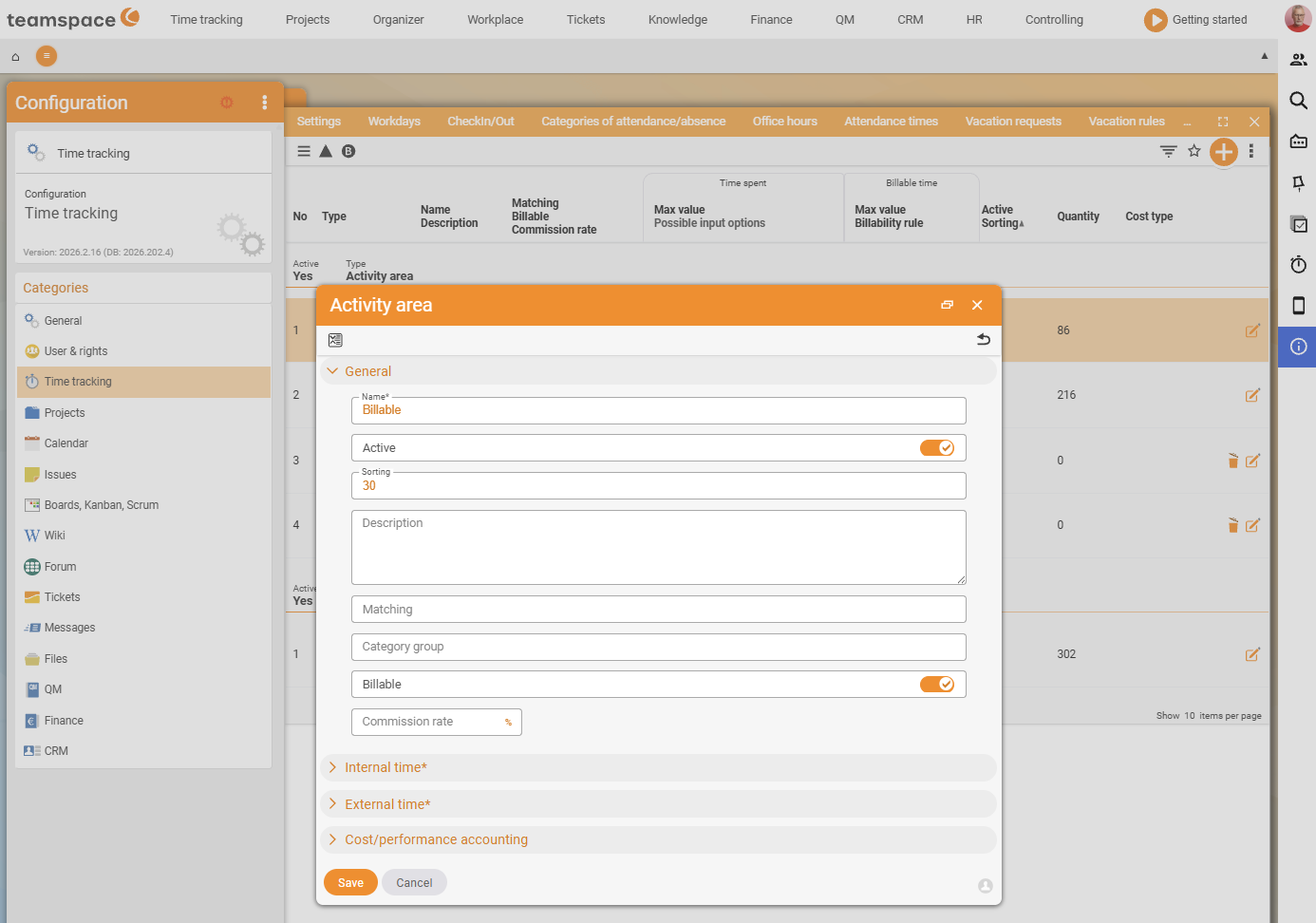 Configuration → Projects → the Project time categories tab with the open Category detail manager (the Billable category): in the General section the Commission rate field as well as Name, Active, Sorting and the Billable toggle.