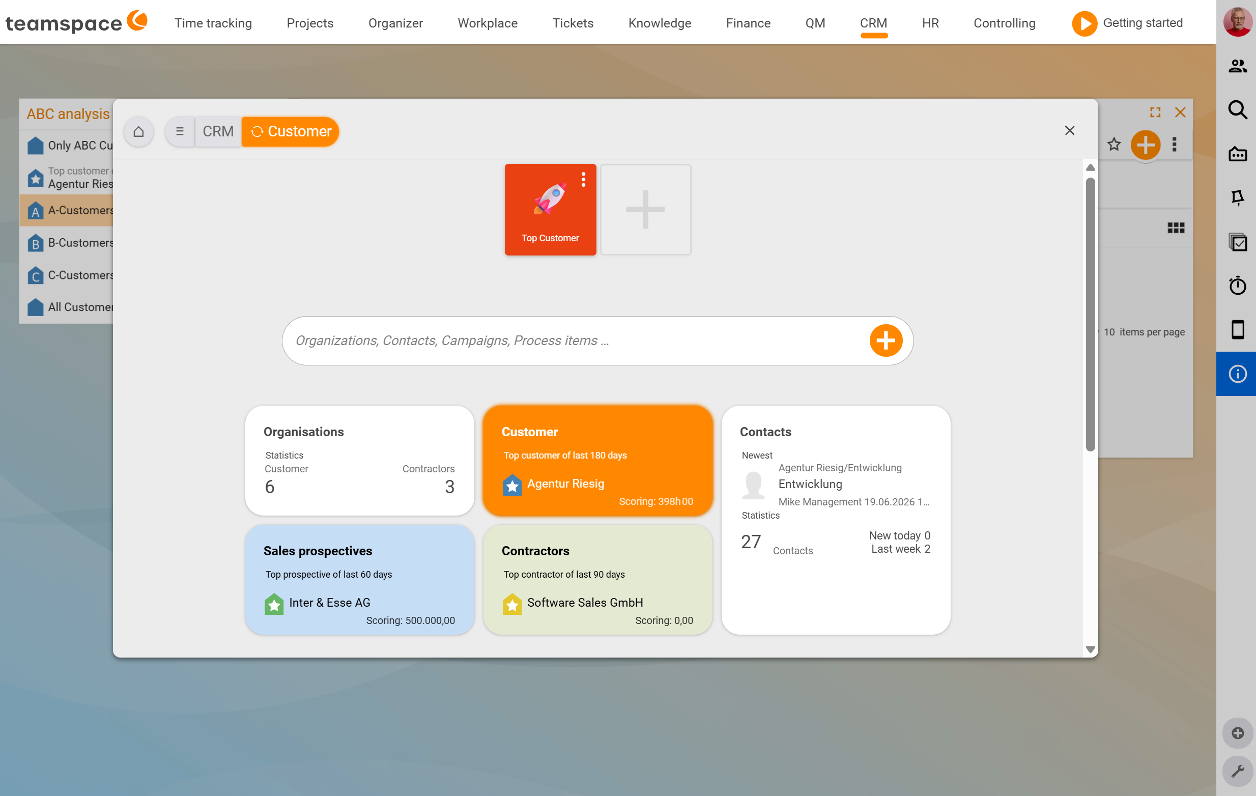 CRM module home page with bookmark tiles and the tiles Organisations, Customers, Contacts, Prospects and Suppliers
