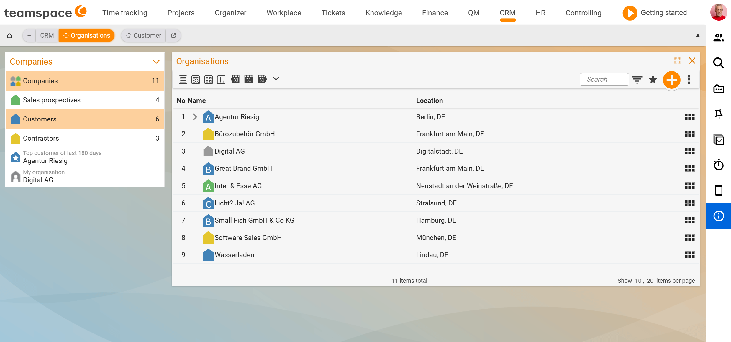 List tab Organisations with sidebar filters and CRM submenu