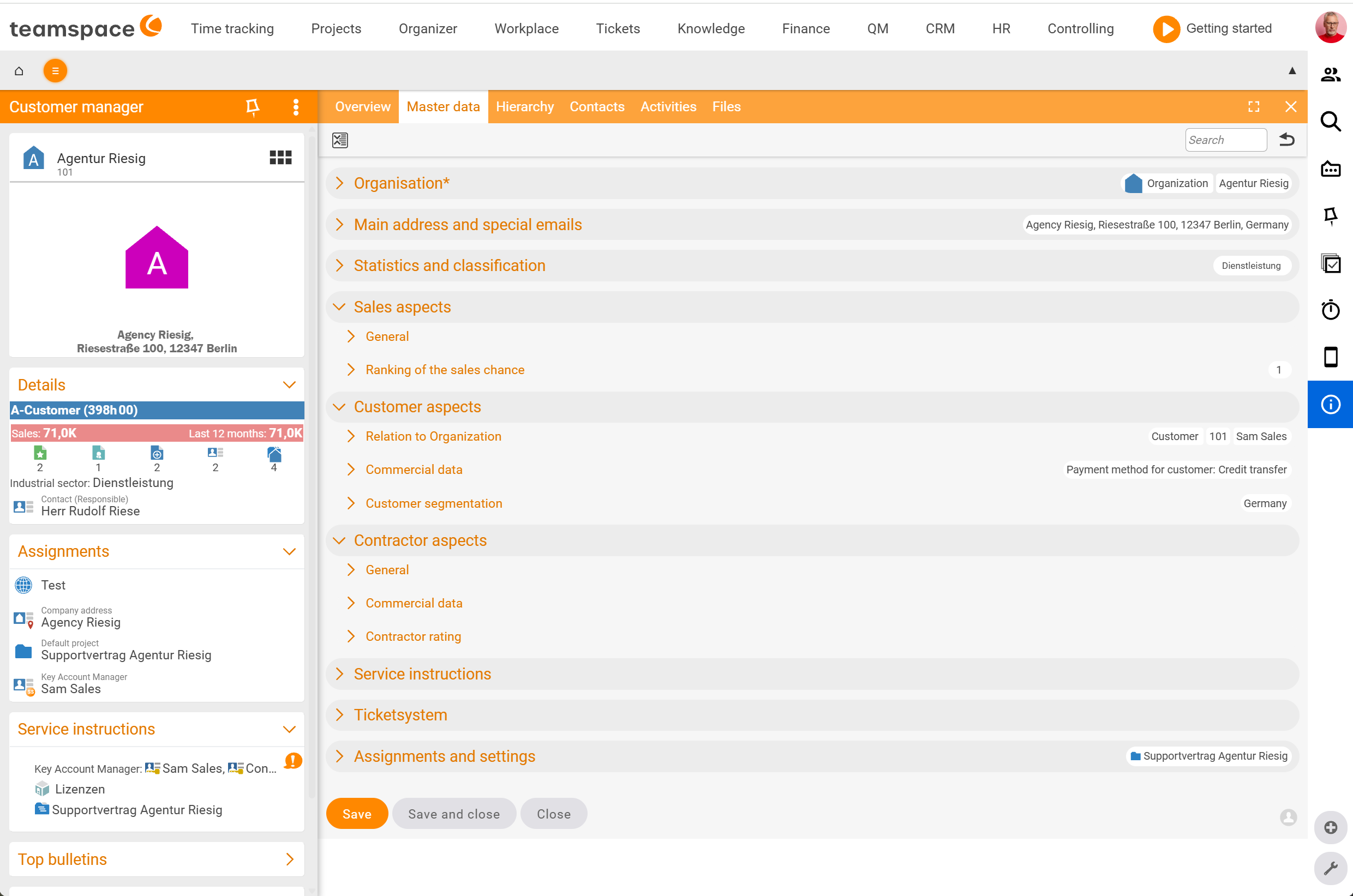 Detail manager Organisation, Master data tab with main address, statistics, sales, customer and supplier aspects and service note