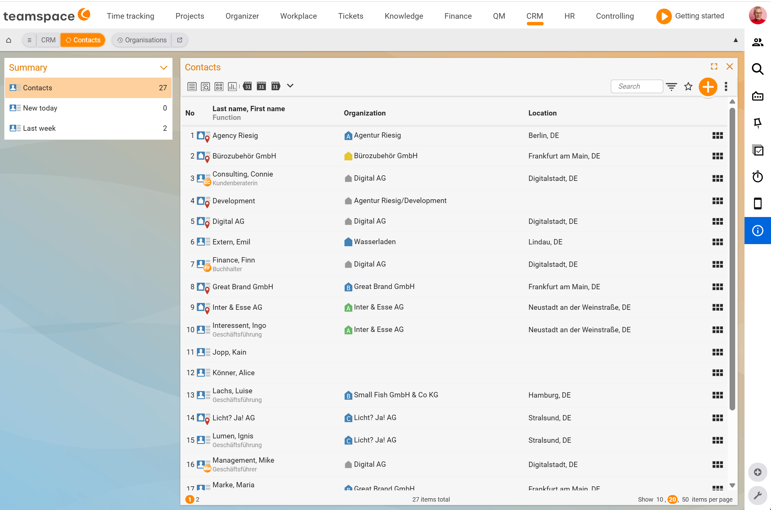 List tab Contacts with sidebar Summary and table No., Surname/First name/Position, Organisation, Town