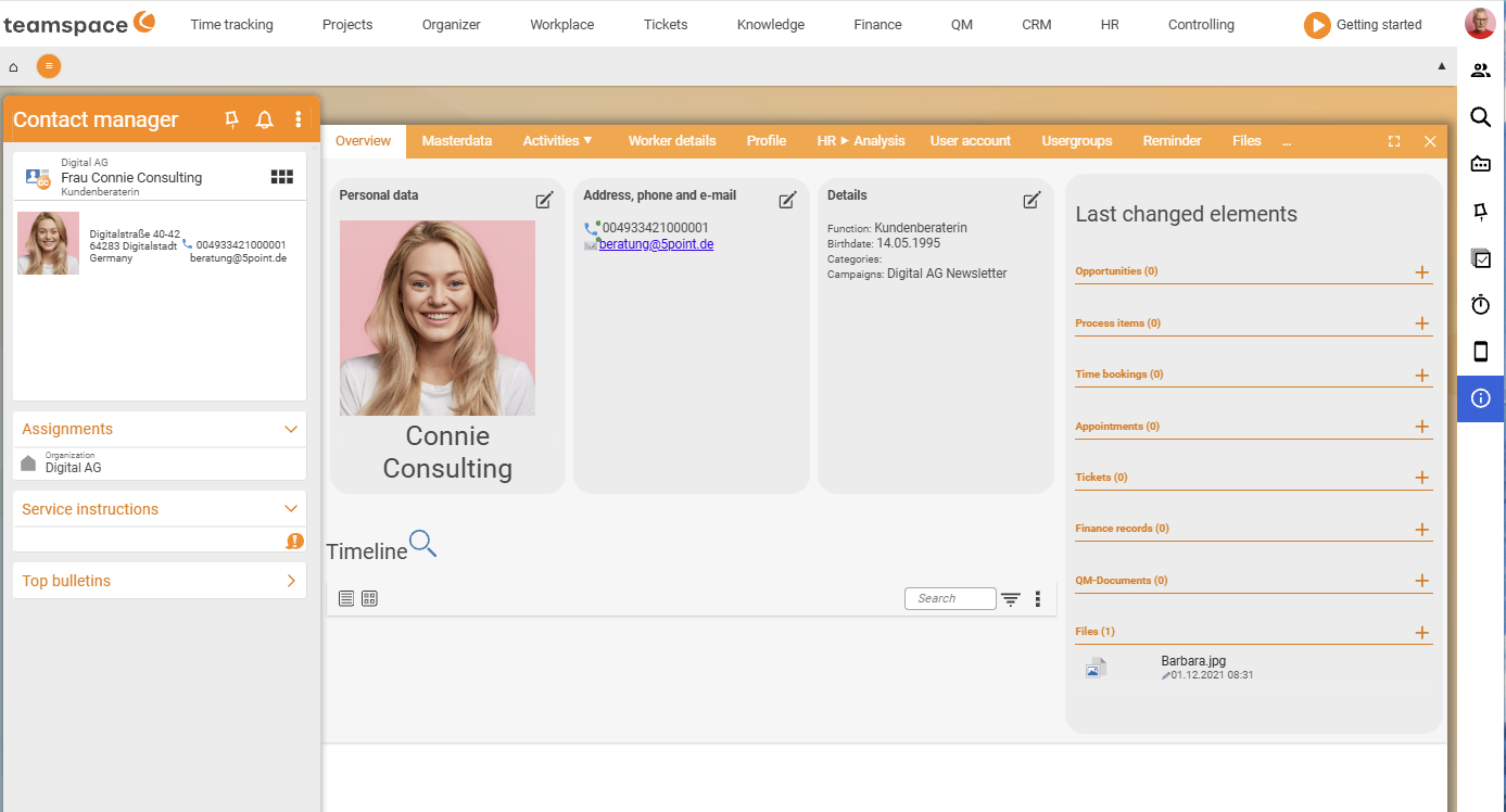 Detail manager Contact, Overview tab with photo, address, details, timeline and Recently edited elements