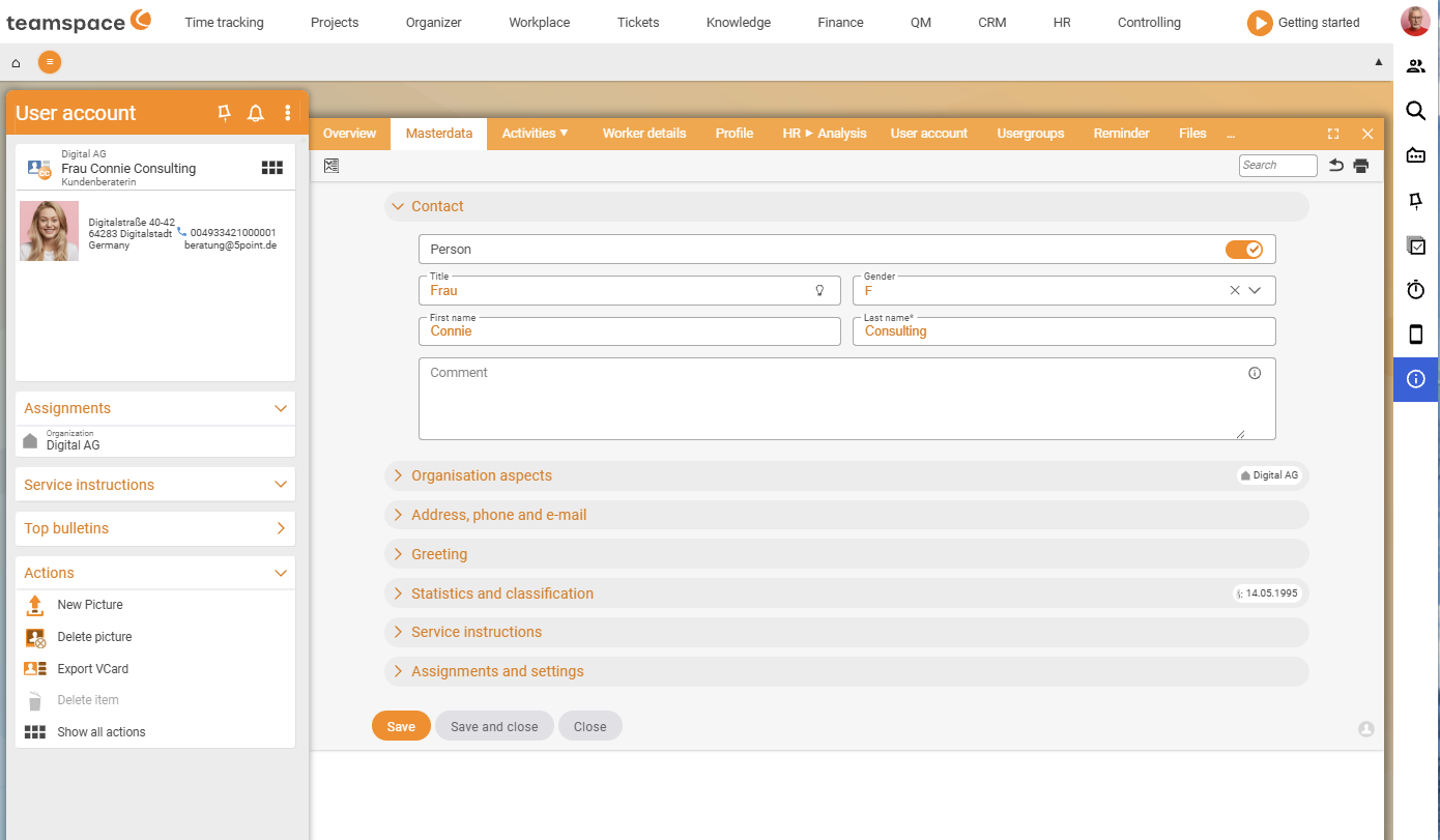 Detail manager Contact, Master data tab with Person, organisation aspects, address/phone/email, statistics and service note