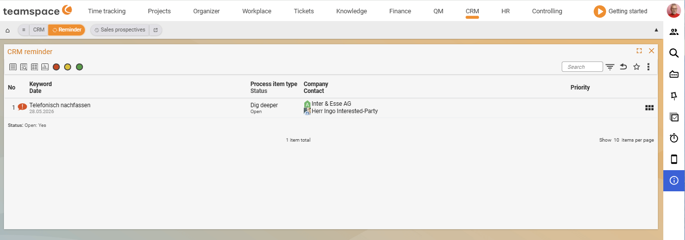 List tab Follow-ups with stacked columns No., Keyword/Date, Activity type/Status, Company/Contact, Priority