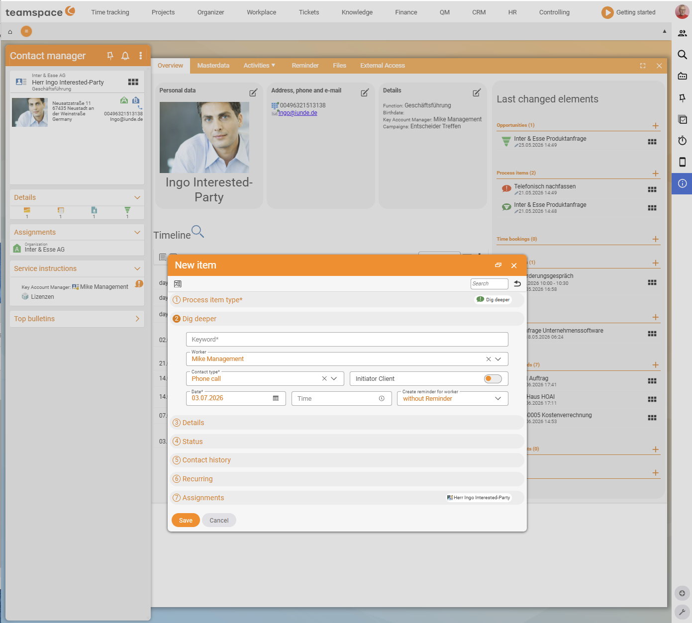 Dialog New activity (type Follow-up) with activity type, keyword, employee, contact type, date and the collapsible areas Details, Status, Contact history, Repetition, Assignments