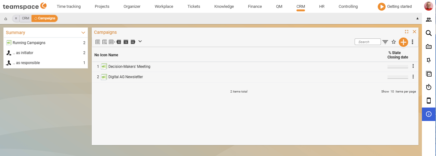 List tab Campaigns with sidebar Summary and table No., icon, name, percent, status, completion date