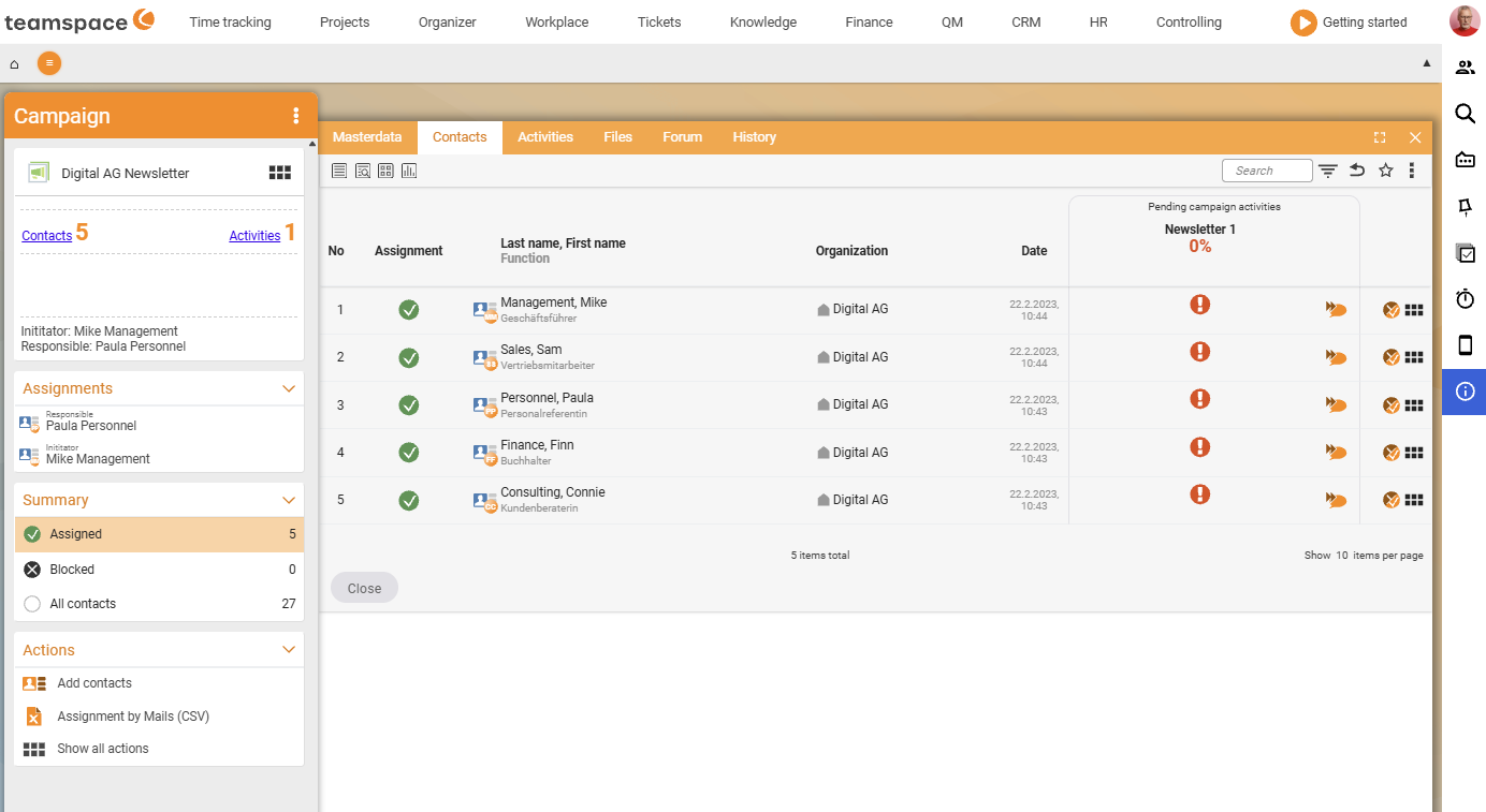 Detail manager Campaign, Contacts tab with assigned contacts and activity status per person