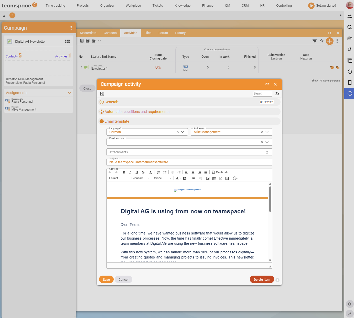 Mail activity of the campaign, Mail template area with language, sender, email account, subject and HTML body editor with placeholder icon