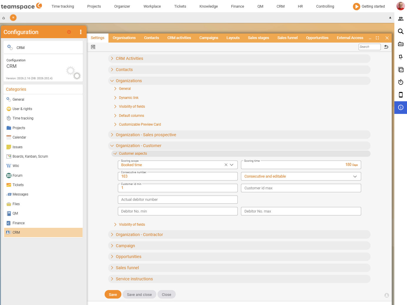 Configuration CRM, Settings, collapsible area Organisation - Customer, Customer aspects with rating model Project times and time horizon 180 days