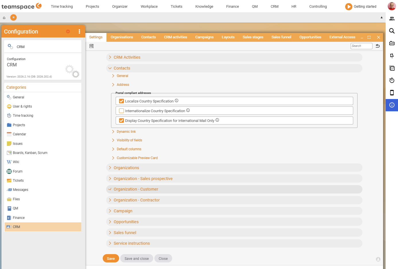 Configuration CRM, Settings, collapsible area Contacts with the sub-areas General, Address, Dynamic link, Field visibility, Preset columns, Configurable preview card