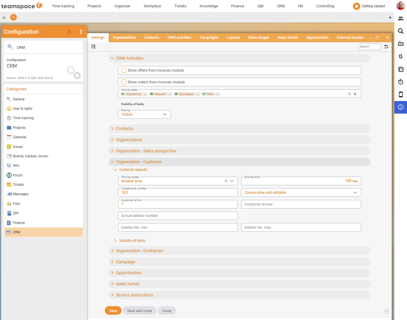 Configuration CRM, Settings, collapsible area CRM activities with Available types Acquisition, Enquiry, Follow-up, Note