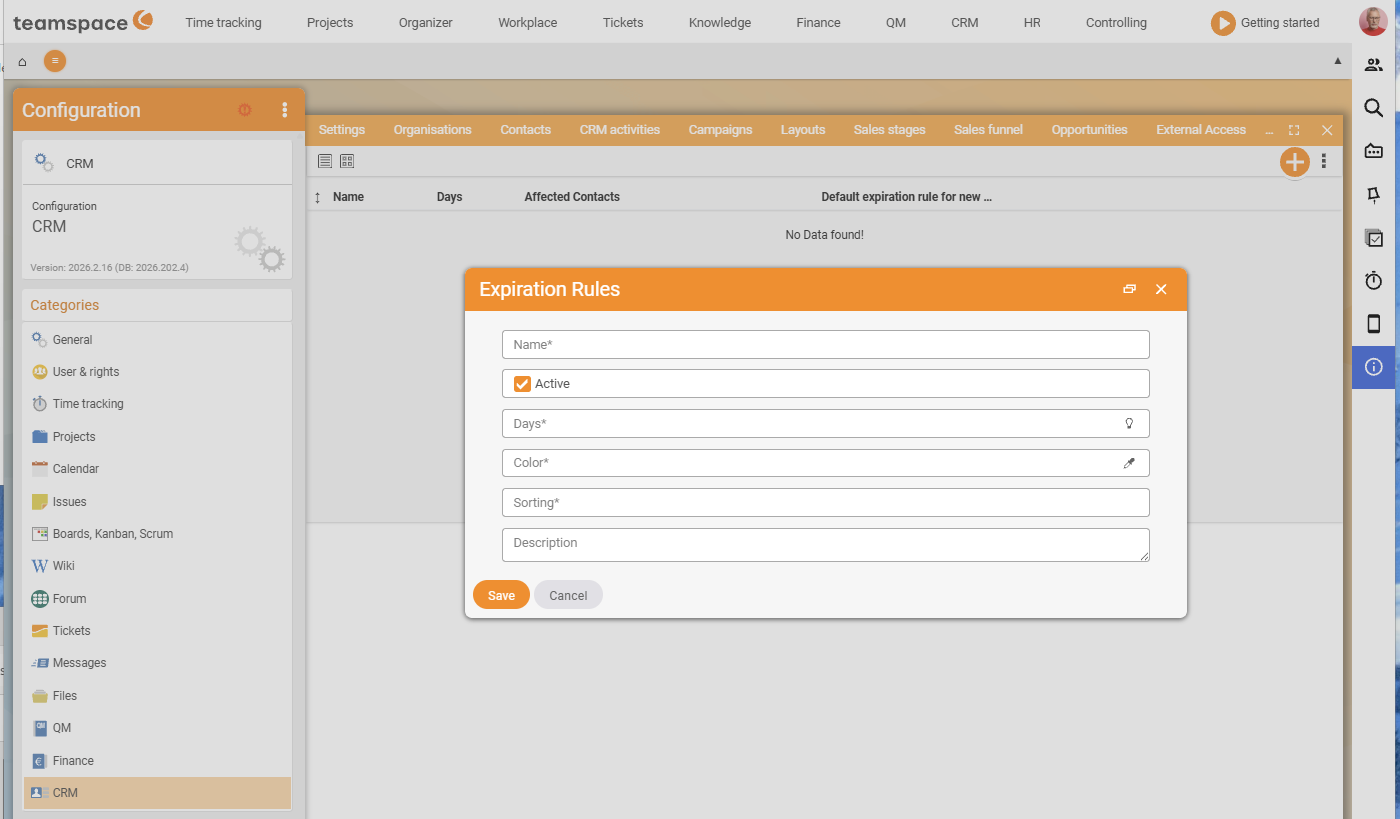 Configuration CRM, Deletion deadlines with the columns Name, Days, Affected contacts, Default deletion deadline and plus button; still empty in the demo tenant