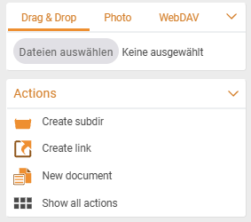 Actions sidebar of the file manager with the entries Create subdirectory, Create link, New document and Show all actions, above it the upload tabs
