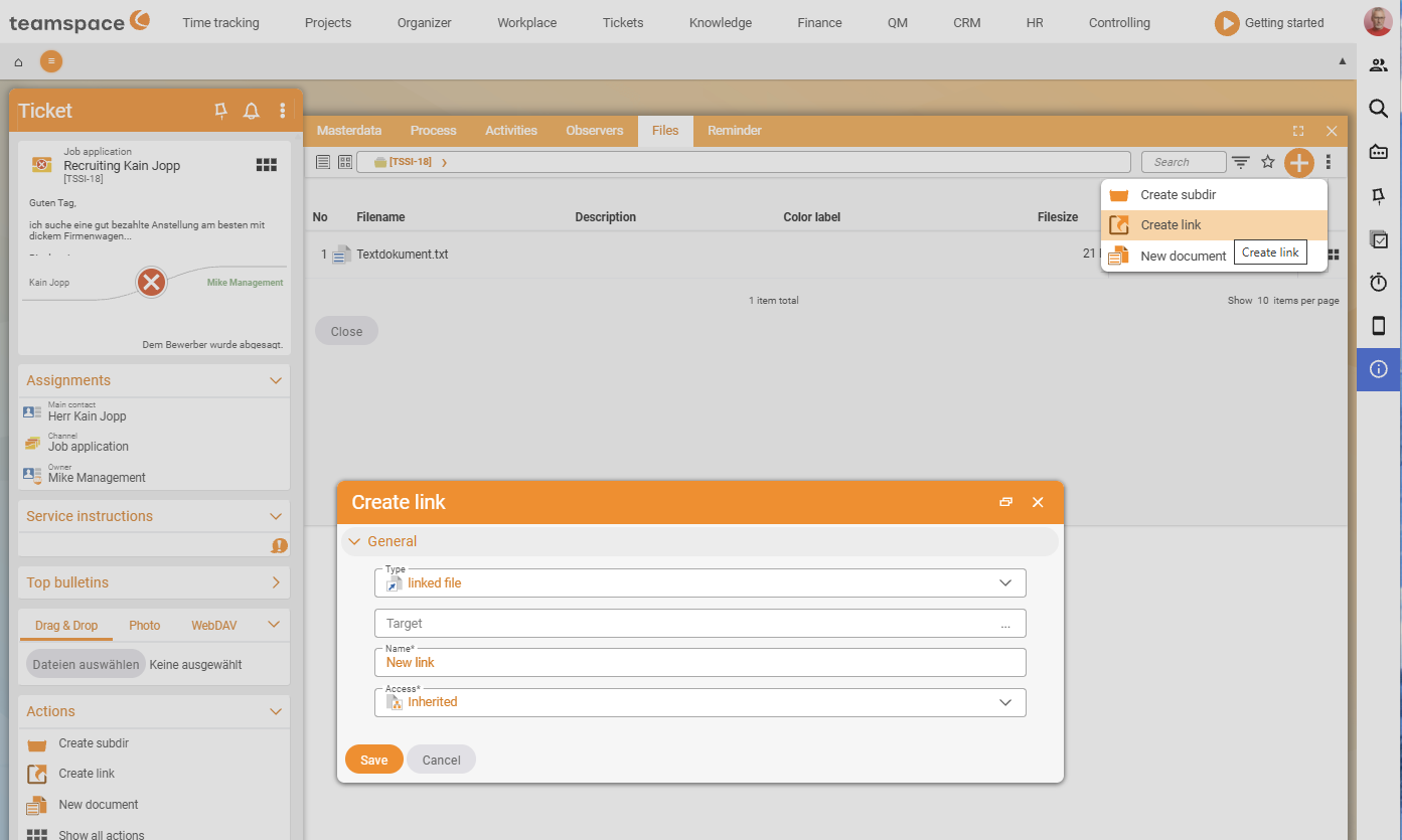 Create link dialog with the Type field File link and the fields Target, Name and Access; in the background the plus menu with Create subdirectory, Create link, New document