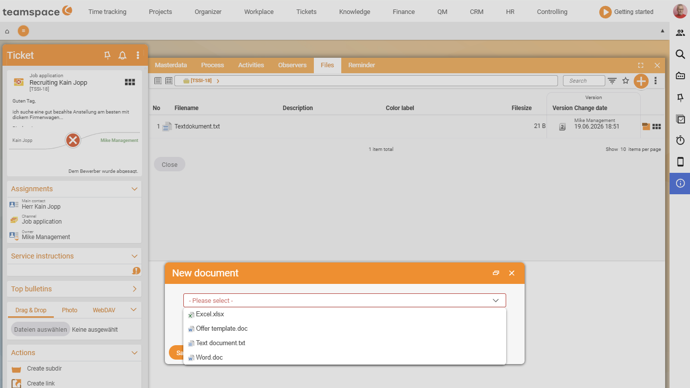 New document dialog with the template selection expanded: Quote template.doc, Excel.xlsx, Text document.txt (selected) and Word.doc