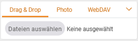 Upload sidebar with the three tabs Drag & Drop, Photo and WebDAV and the Select files button