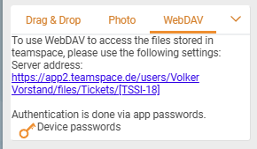 WebDAV tab with the server address of the current directory, the notice No credentials stored and the action New device password