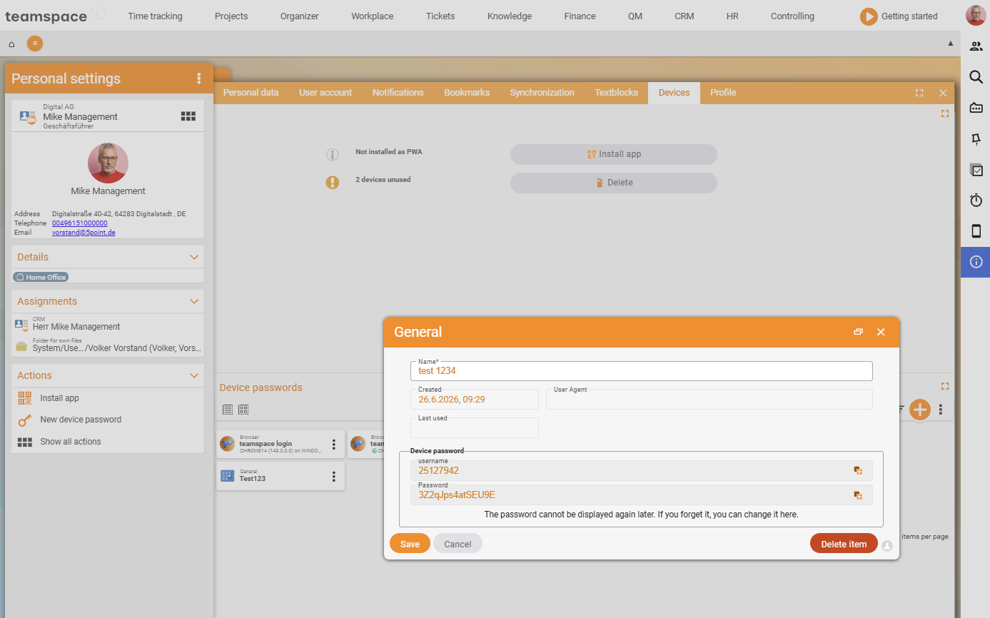 General dialog on the Devices tab of Personal settings: the fields Name, Created, User agent and the Device password area with a user name and a one-time-displayed password