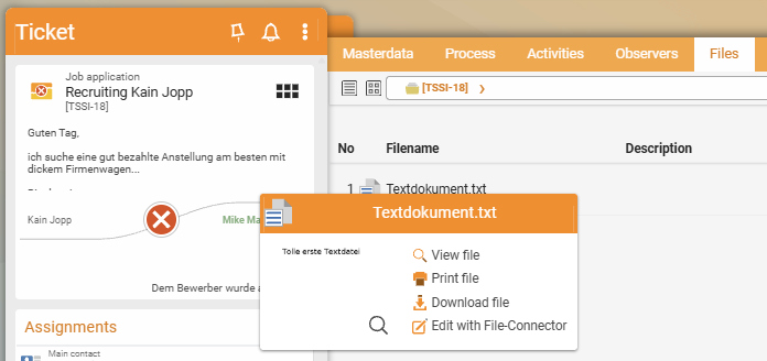 File tab of a ticket with the action popup over Text document.txt: View file, Print file, Download file and Edit with File Connector