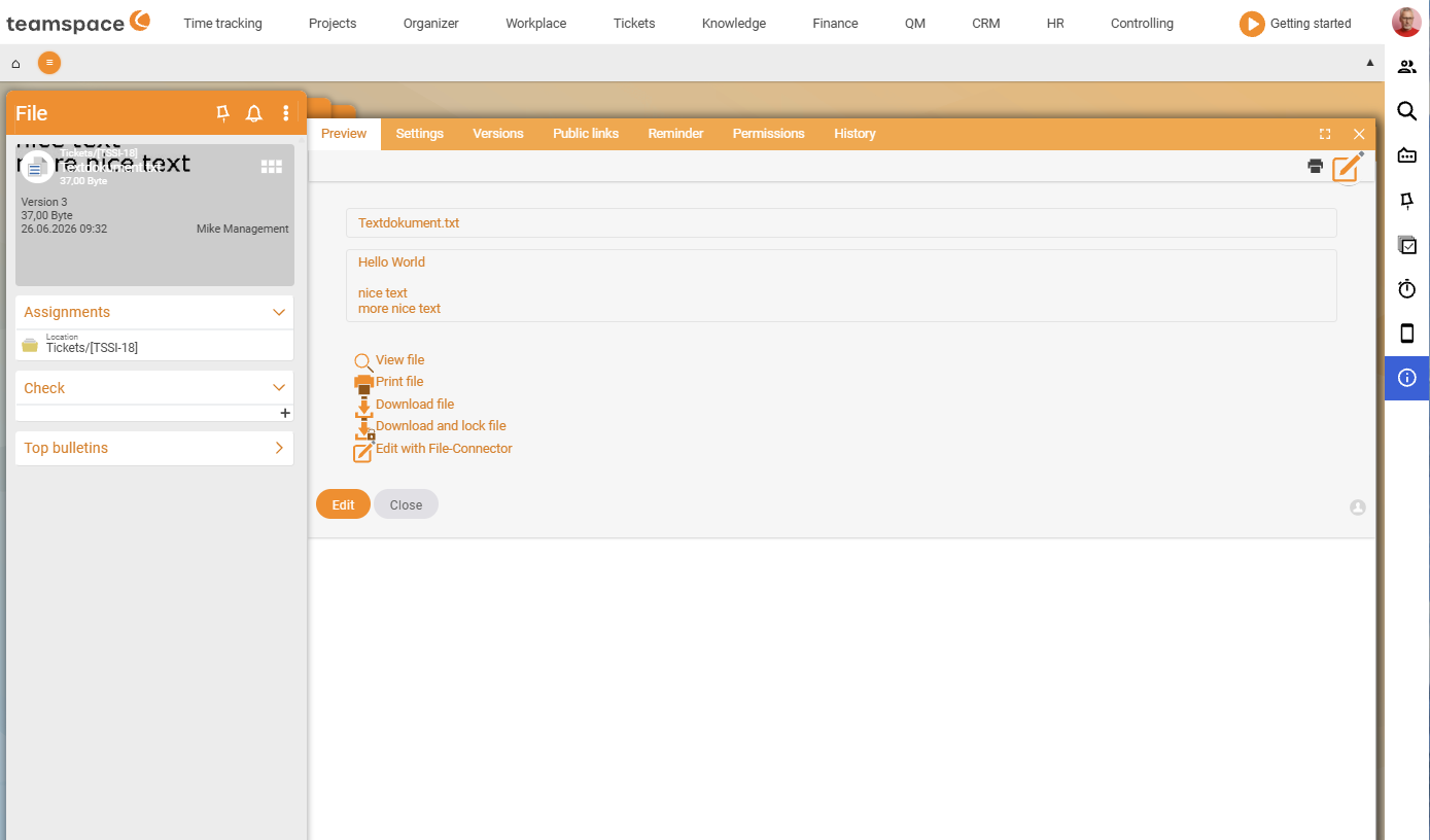 File detail manager with the row of tabs Preview, Properties, Review, Versions, External links, Alarms, Permissions, History; on the left the file card and the Actions sidebar