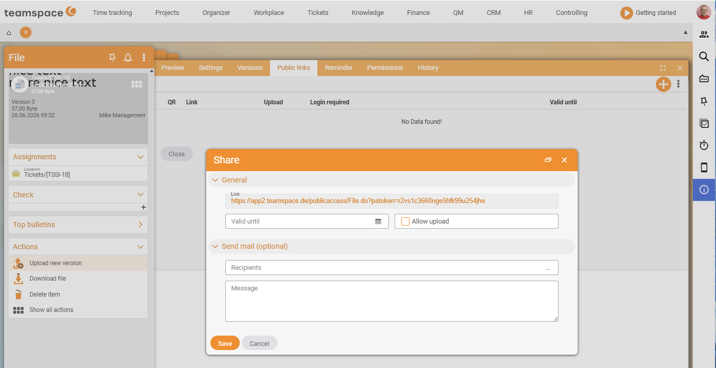 File detail manager on the External links tab with the columns QR, Link, Upload, Require login and Valid until, plus the Create external link dialog (Link, Valid until, Allow upload)