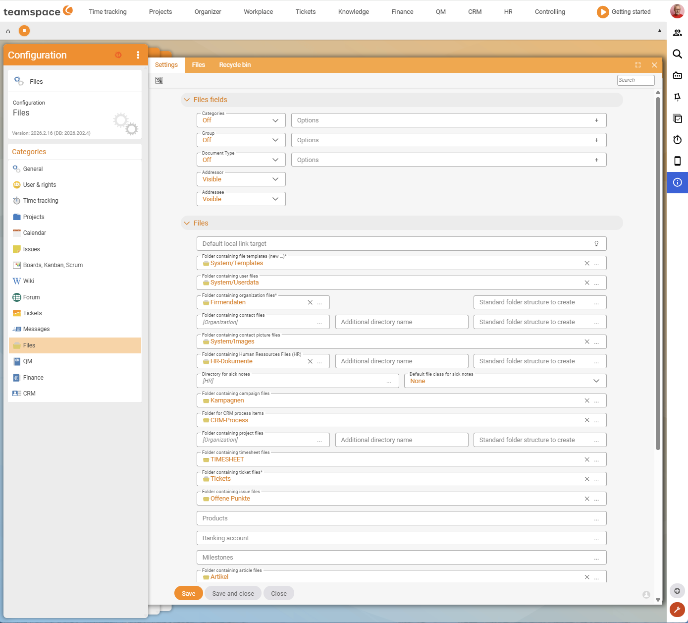 Configuration Files, Settings tab with the sections File fields and Files: default path for local links, template directory System/Templates and directories for user, company and contact image data