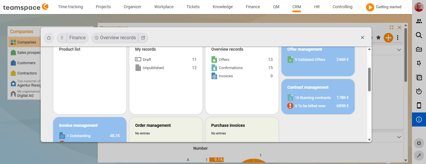 Finance bookmark area with the tiles My documents, Document overview, Quote tracking, Order billing, Invoice management and Incoming invoices