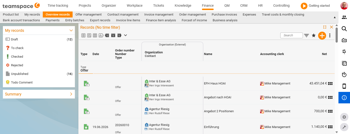 Document overview list with status accordion (Draft, For review, Reviewed, Rejected, Unpublished) and summary in the sidebar, documents grouped by type