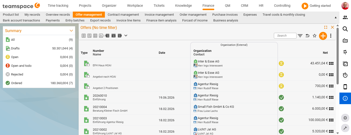 Quote tracking list with status filters (Open, Action required, Rejected, Ordered) and a summary in the sidebar