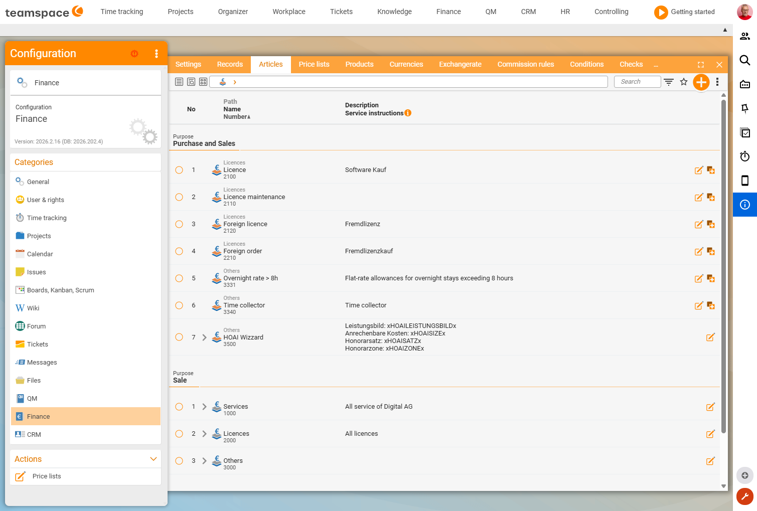 Configuration Finance Articles: article list grouped by purpose (purchasing/sales) with Services 1000, Licences 2000, Other 3000