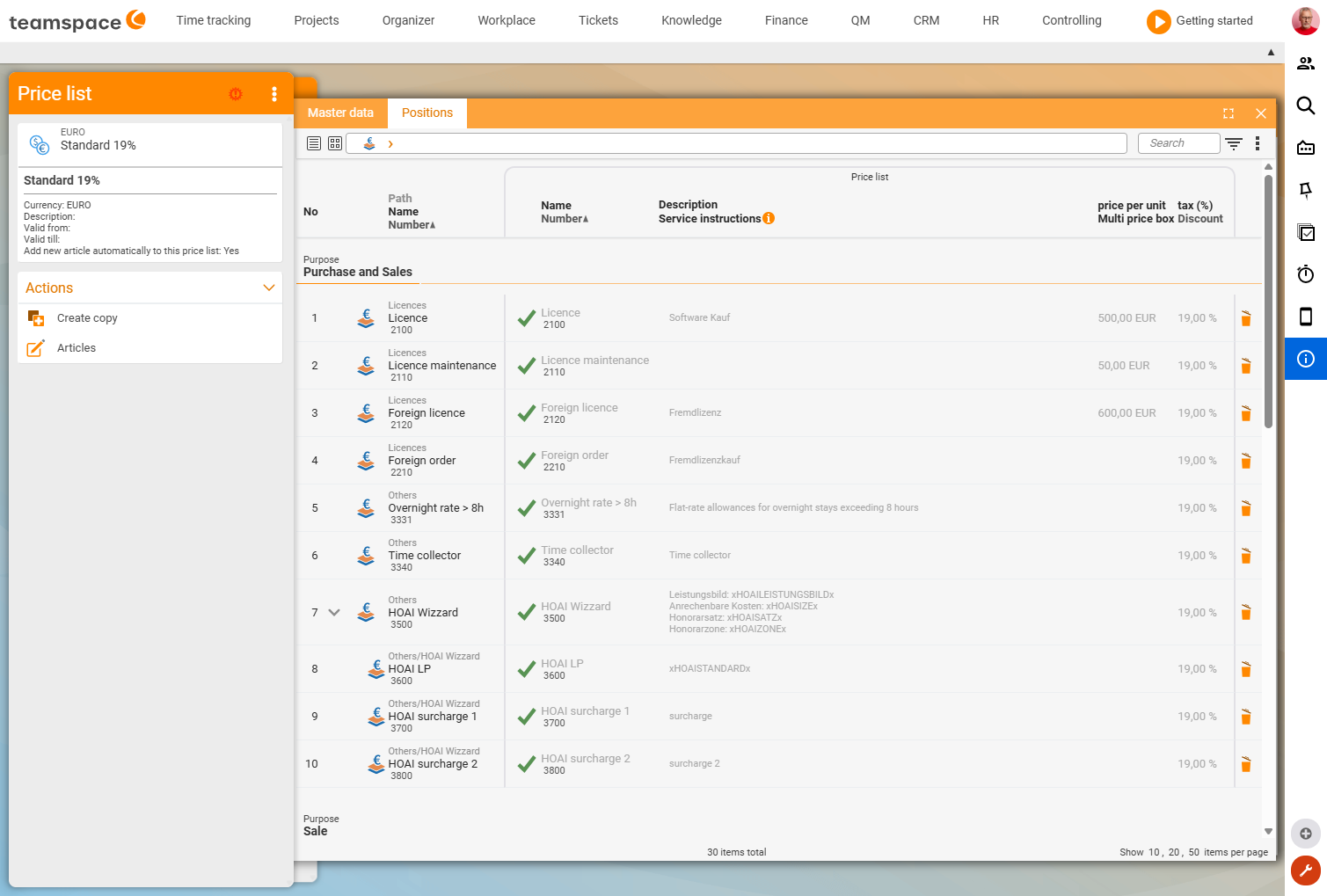 Price list Standard 19%, Line items tab: on the left the article list, on the right the activated articles with a green tick, unit price (net) and tax rate