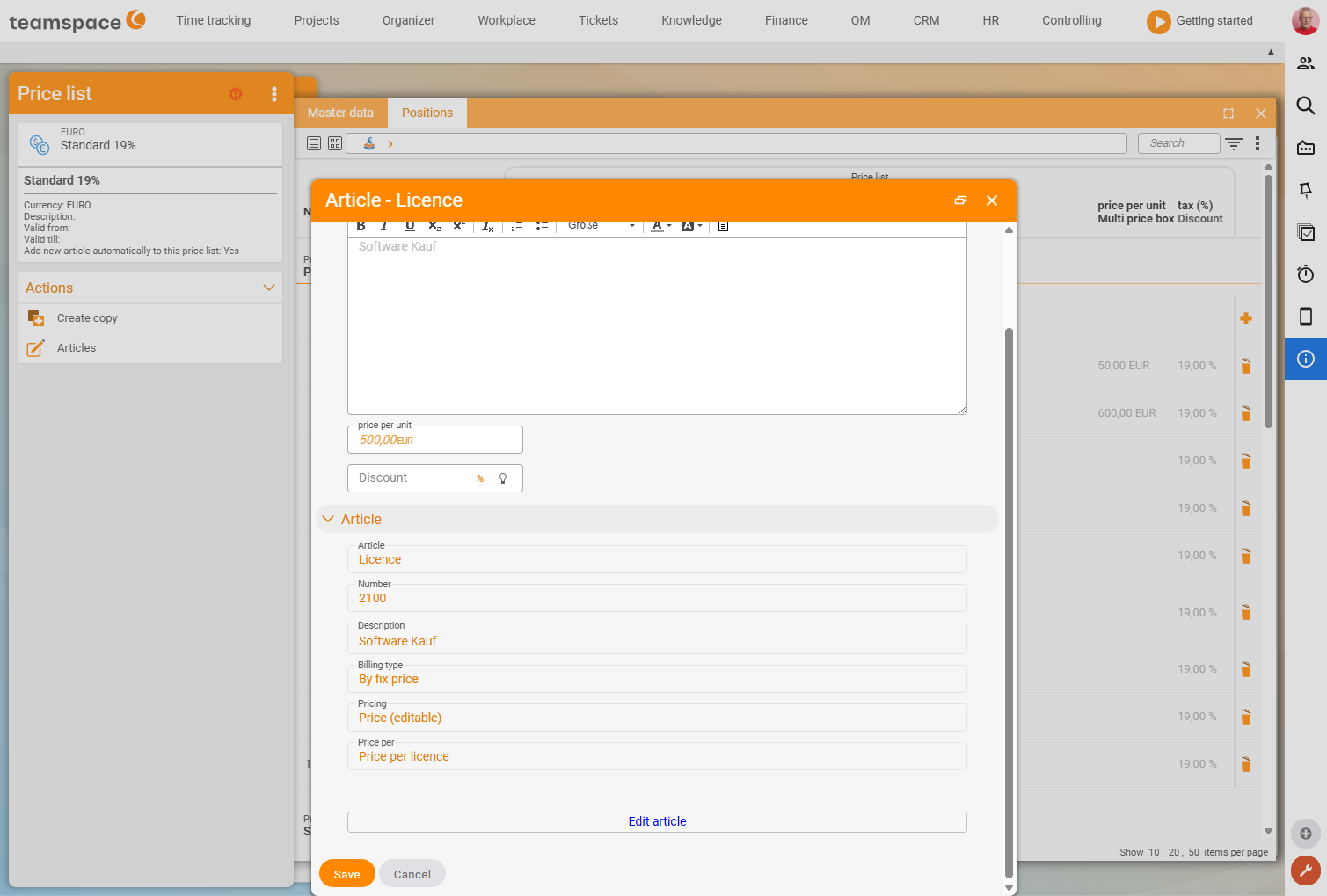 Article detail manager, section 'Pricing': billing method 'By time duration', field 'Pricing' with 'Unit price (editable)' plus unit price, unit and discount – this is also where you select a tier type