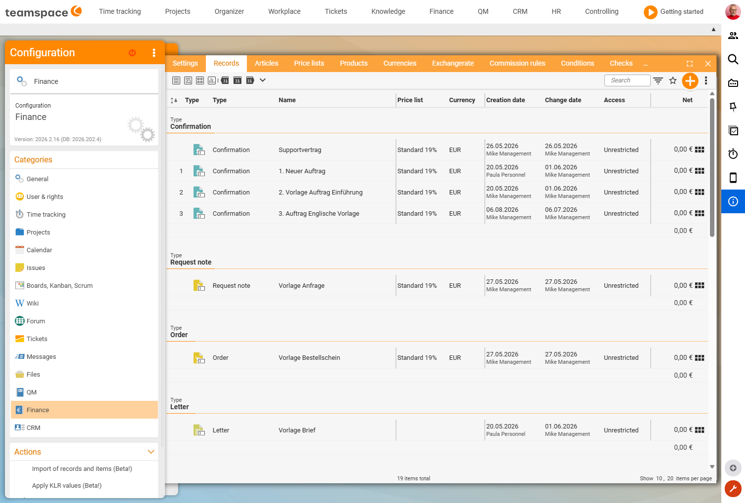 Configuration Finance Documents: document template list grouped by document type (order confirmation, enquiry, purchase order form, letter)