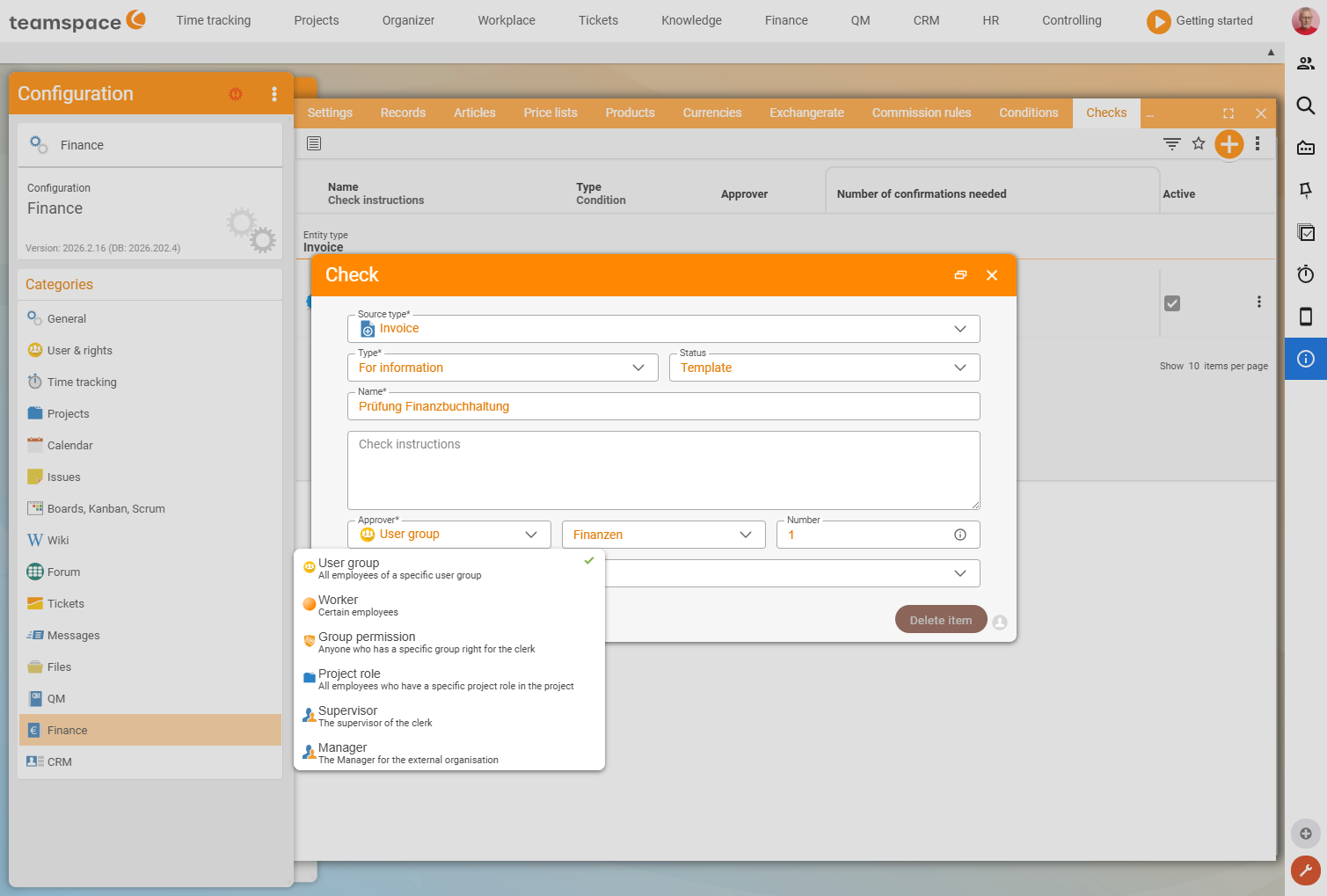 'Review' dialog: type 'For information', status 'Open', name 'Please review' and the opened 'Reviewer' field with the options user group, employee, group right, project role, supervisor and manager