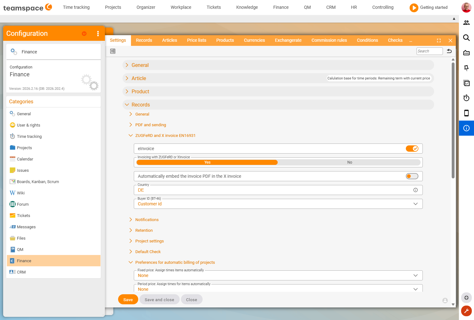 Configuration Finance Settings Documents, ZUGFeRD and X-Rechnung EN16931 section with the E-invoice toggle