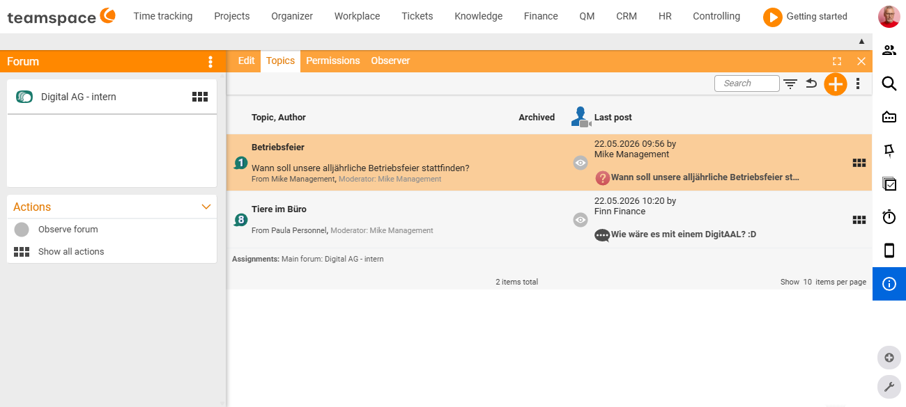 Forum detail manager 'Digital AG - intern', 'Topics' tab: the topic list with 'Company party' and 'Animals in the office' – each with author, moderator, 'Archived' status and last post; tab bar Edit/Topics/Permissions/Watchers.