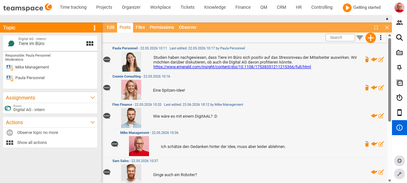 Topic detail manager 'Animals in the office', 'Posts' tab: the chronological post thread with several posts – each with avatar on the left, author and date/time at the top, post text to the right and action icons at the edge.