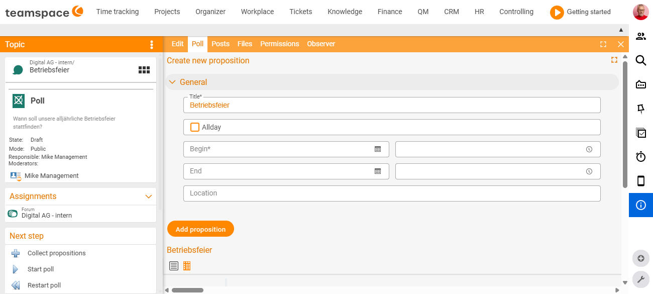 'Poll' tab of the appointment poll 'Company party': at the top the 'New option' section (title, All day, start/end, location), below it the results table with the employees; sidebar with the 'Next step' box (Collect options, Start poll, Restart poll).