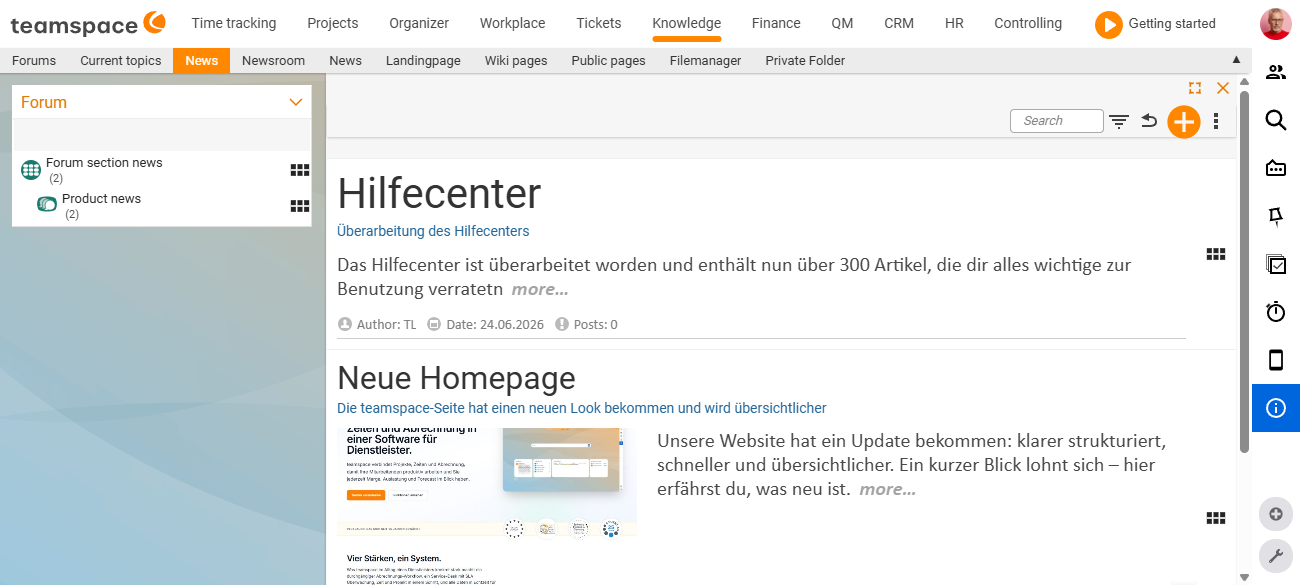 News overview in the Knowledge module: on the left the forum structure with 'News forum area' and 'New on the product', on the right the published articles 'Help centre' and 'New homepage' with author, date and teaser.