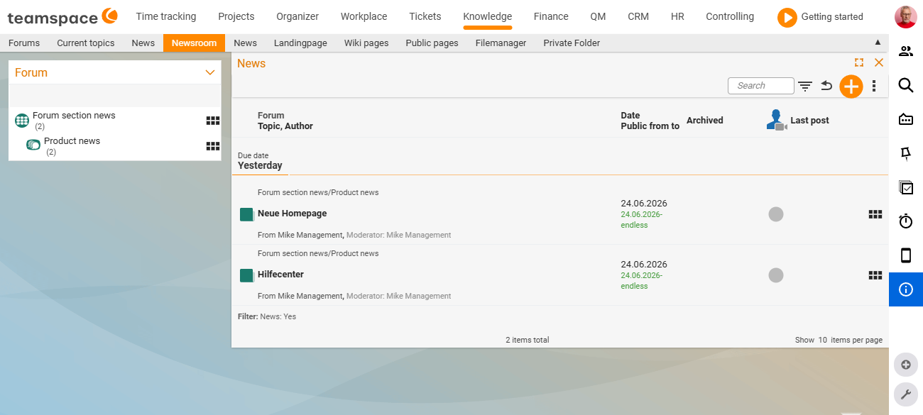Editorial overview in the Knowledge module: table of the news articles 'New homepage' and 'Help centre' with Forum/Topic/Author columns, date and publication period (24/06/2026–open-ended), Archived and Last post.