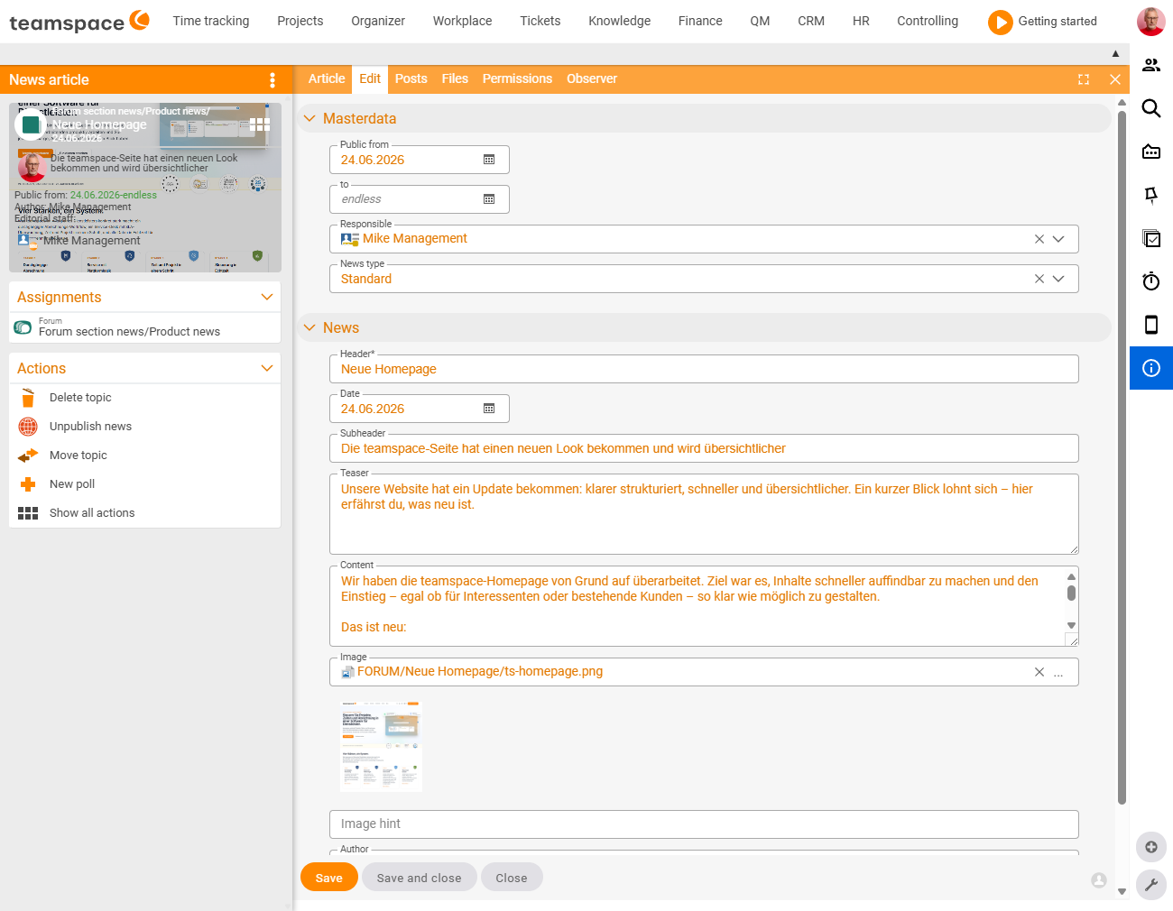 News detail manager, 'Edit' tab: master data with Publish from/to, person responsible and news type, below it the news fields title, date, teaser and content; on the left the 'Assignments' box with the assigned forum.