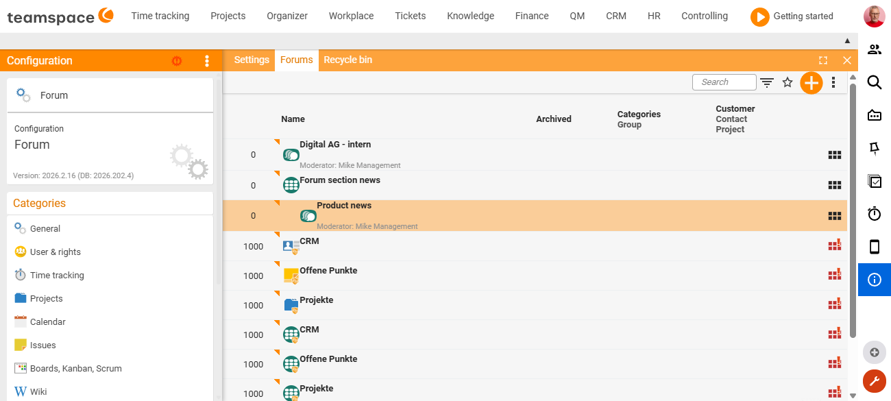 System configuration → Forum → Forums: the forum table with the columns Name, Archived, Categories/Group and Customer/Contact/Project; at the top the forums 'Digital AG - intern', 'News forum area', 'New on the product', below them forums coupled to CRM/project records.