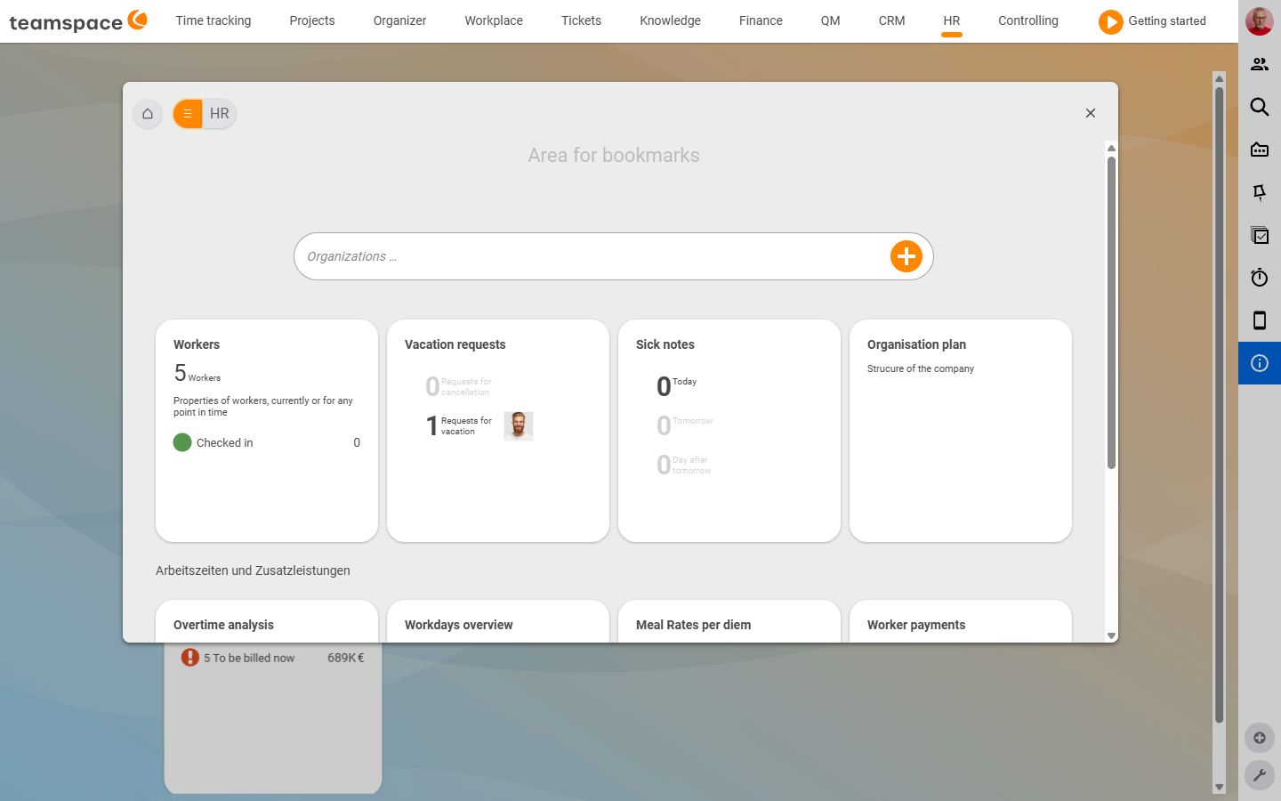 HR module modal with tiles Employees (5), Leave requests, Sickness reports, Org chart and the section Working hours and benefits with Overtime, Working days overview, Meal allowances, Employee payouts