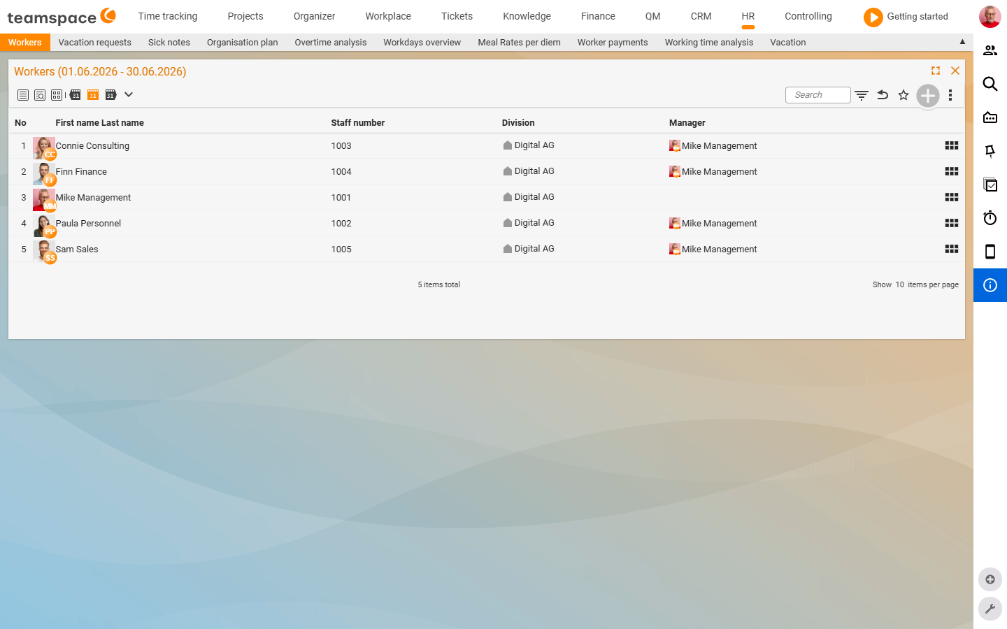 HR module Employees tab with the employee list: columns No, First name Last name, Personnel number, Department, Direct line manager; five employees of Digital AG