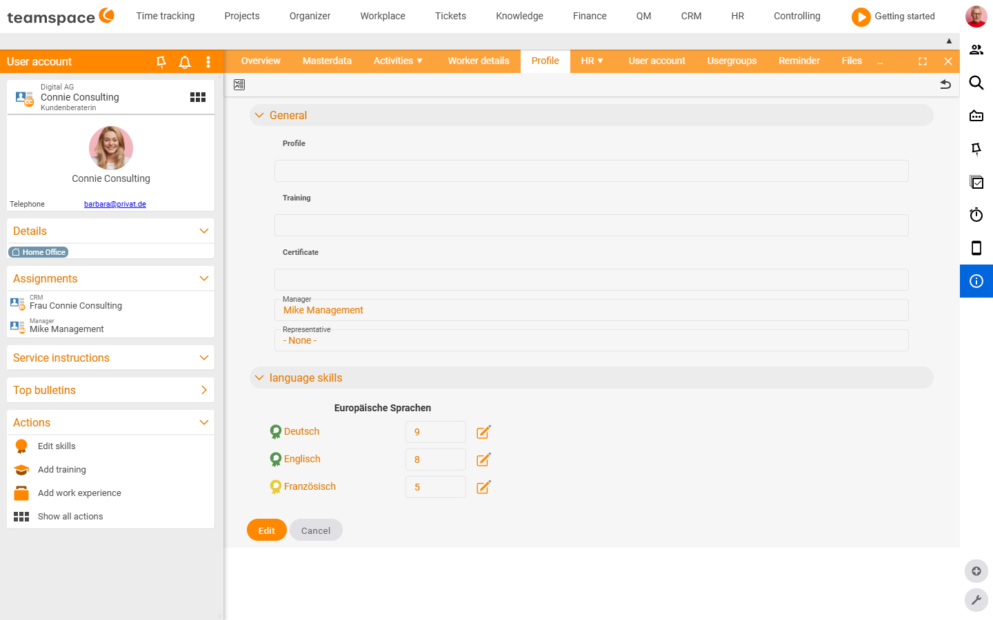 Profile tab with the General section (profile free text, education, certificate, direct line manager, deputy) and language skills on a 0 to 9 scale (German 9, English 8, French 5); on the left the actions Skills/Education/Work experience
