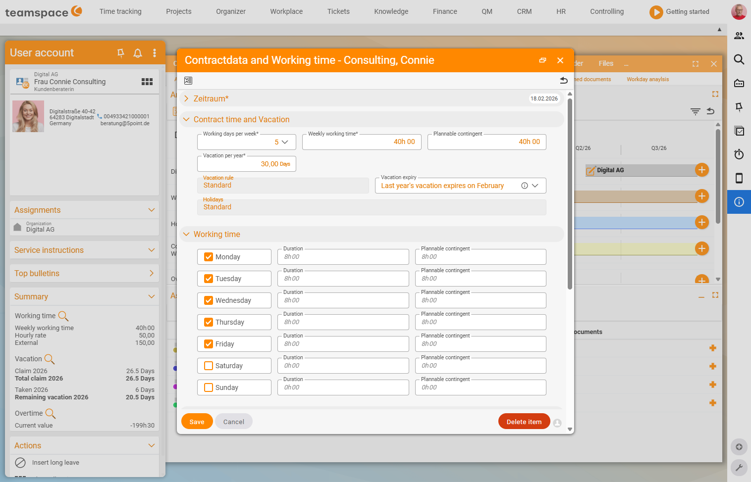 Contract data dialog with working days per week (5), weekly working hours (40h), schedulable allocation, leave days per year (30), leave rule, leave expiry, public holidays and the weekday selection Monday to Friday (active) with duration and schedulable allocation per day