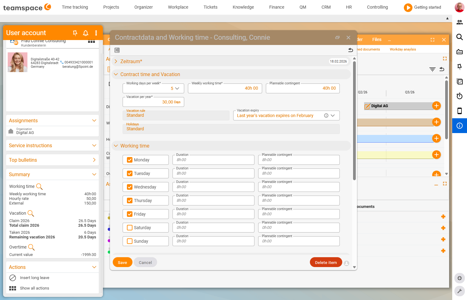 HR module, an employee's Contract data and working hours dialog with the Working hours accordion: a table per weekday (Monday to Sunday) with ticks and hours fields, plus the accordions Contract type and leave and Time tracking / overtime