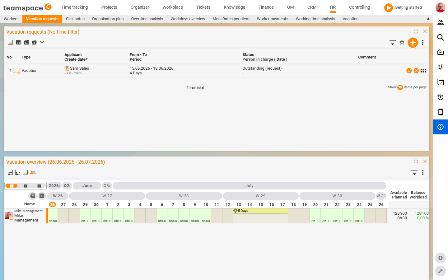 Leave requests tab: at the top the request list with Viktor Vertrieb (15–18/06, 4 days, status Open) and Approve/Reject buttons, below the leave overview as a calendar grid with CW columns and a 5-day leave block